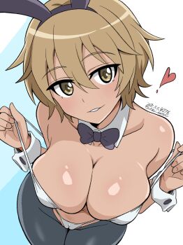 1girl absurdres animal_ears black_bow black_pantyhose bow brave_witches breasts brown_eyes brown_hair dark-skinned_female dark_skin fake_animal_ears feet_out_of_frame heart highres large_breasts looking_at_viewer pantyhose playboy_bunny rabbit_ears short_hair simple_background solo standing unkai_daraku waltrud_krupinski white_background world_witches_series wrist_cuffs