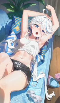 1girl absurdres alternate_costume armpits arms_up black_shorts blue_hair breasts camisole couch dolphin_shorts eyelash_ornament furina_(genshin_impact) genshin_impact highres indoors long_hair looking_at_viewer lying medium_breasts multicolored_hair navel on_back on_couch open_mouth sandals shorts socks solo stomach streaked_hair tu_er_tm unworn_socks white_camisole white_hair