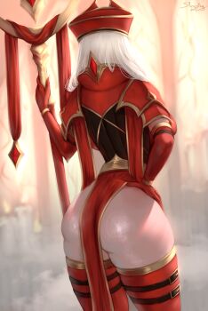 1girl armor artist_name ass elbow_gloves facing_away from_behind gloves hand_on_own_hip holding holding_staff human_(warcraft) long_hair red_gloves red_headwear red_thighhighs sally_whitemane shiny_skin short_sleeves shoulder_armor sleepingsol solo staff thigh_strap thighhighs warcraft white_hair world_of_warcraft