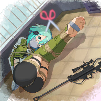 1girl absurdres angry anti-materiel_rifle arms_behind_back ass bdsm blue_eyes blue_hair bolt_action bondage bound bound_arms bound_legs bound_torso breasts cleavage cropped_jacket duct_tape feet female_focus floor full_body gag gagged glaring green_jacket green_leg_warmers green_leggings guard_rail gun hair_between_eyes hair_ornament hairclip highleg highleg_leotard highres improvised_gag jacket leg_warmers leggings legs legs_together leotard long_sleeves medium_breasts motion_lines one_eye_closed open_clothes open_jacket outdoors pgm_hecate_ii predicament_bondage rifle rooftop rope scissors short_hair short_hair_with_long_locks short_shorts shorts sidelocks sinon skin_tight skindentation sniper_rifle soles solo struggling sword_art_online tape tape_bondage tape_gag taped_hands thigh_strap thighhighs thighs tiedtiki tile_floor tiles trembling trembling_legs weapon white_leotard wince