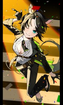 1girl absurdres ahoge animal_ears arm_up belt black_gloves black_hair black_jacket black_necktie black_pants black_shoes blue_eyes boots breasts brown_belt brown_boots center_frills cleavage collared_shirt commentary_request confetti ear_ornament ear_piercing frilled_shirt frills fuji_kiseki_(shooting_star_revue)_(umamusume) fuji_kiseki_(umamusume) full_body gloves grin high_heels highres horse_ears horse_girl horse_tail index_finger_raised jacket long_sleeves looking_at_viewer medium_breasts multicolored_hair necktie one_eye_closed open_clothes open_jacket pants partially_unbuttoned piercing shirt shoes short_hair sidelocks smile solo spotlight standing standing_on_one_leg swept_bangs tacorice_umeee tail teeth umamusume underbust white_hair white_shirt