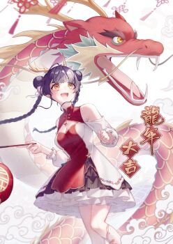 Rule 34 | 1girl, absurdres, black hair, braid, china dress, chinese clothes, chinese new year, commentary request, double bun, dragon, dress, eastern dragon, frilled skirt, frills, hair bun, highres, hime cut, hin ata 696, lantern, lolita fashion, long hair, open mouth, orange eyes, original, qi lolita, skirt, smile, tassel, twin braids