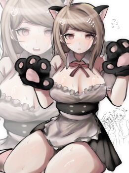 1girl ahoge akamatsu_kaede blonde_hair breasts cleavage danganronpa_(series) danganronpa_v3:_killing_harmony fortissimo hair_ornament hands_up highres ikemen&#039;na_ore-shi large_breasts long_hair looking_at_viewer musical_note musical_note_hair_ornament oma_kokichi saihara_shuichi shiny_skin