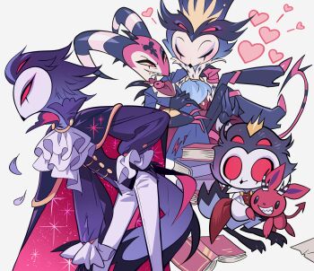2boys absurdres ascot bad_id bad_pixiv_id black_cape blitzo_(helluva_boss) blush book book_stack cape carrying closed_eyes colored_sclera furry hand_on_own_hip heart hellaverse helluva_boss highres holding holding_stuffed_toy horns leaning_forward looking_at_another looking_at_viewer meremero multiple_boys multiple_views open_book owl_boy pants petals princess_carry red_eyes standing stolas_(helluva_boss) striped_horns stuffed_animal stuffed_rabbit stuffed_toy white_ascot white_pants yaoi yellow_sclera