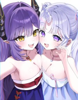 2girls artist_request asymmetrical_docking ayatsuno_yuni bad_tag black_horns blush breast_press breasts choker cleavage commentary_request dress earrings fangs hair_intakes half-heart_hands hand_up highres horns jewelry korean_commentary large_breasts long_hair multicolored_dress multiple_girls necklace open_mouth parted_bangs pearl_earrings pink_choker pointy_ears purple_hair reaching reaching_towards_viewer sakihane_huya second-party_source simple_background single_horn slit_pupils smile stellive strapless strapless_dress unicorn_horn very_long_hair virtual_youtuber white_background yellow_eyes