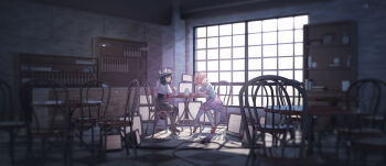 2girls absurdres black_headwear black_skirt black_socks blonde_hair blue_eyes blue_shirt bottle bow ceiling_light chair chinese_commentary commentary_request dated full_body furahata_gen hair_ribbon hat hat_bow highres indoors kneehighs looking_to_the_side maribel_hearn medium_hair multiple_girls necktie on_chair purple_skirt red_eyes red_footwear red_neckwear red_ribbon ribbon shelf shirt shoes short_sleeves single_wrist_cuff sitting skirt socks static table television thighhighs touhou usami_renko white_bow white_legwear white_shirt wrist_cuffs