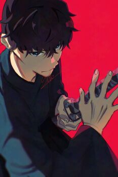 1boy absurdres adversarial_noise awapontasu black_hair black_hakama blue_eyes commentary_request fate/samurai_remnant fate_(series) from_above hakama highres holding holding_sheath holding_sword holding_weapon japanese_clothes male_focus miyamoto_iori_(fate) red_background serious sheath sheathed signature solo sword upper_body weapon wide_sleeves