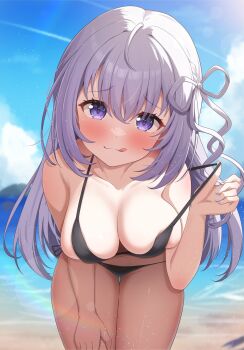1girl artist_request beach bent_over bikini black_bikini blush breasts choppy_bangs closed_mouth commentary_request day fingernails grey_hair grey_nails grey_ribbon hair_between_eyes hair_ribbon hand_on_own_thigh hanging_breasts highres indie_virtual_youtuber large_breasts lens_flare long_bangs long_hair looking_at_viewer nail_polish naito_mare_(vtuber) navel outdoors purple_eyes raised_inner_eyebrows ribbon second-party_source side-tie_bikini_bottom skindentation solo standing strap_pull string_bikini swimsuit tongue tongue_out virtual_youtuber