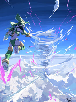 1boy above_clouds armor cloud electricity green_armor green_helmet helmet highres male_focus mechanical_wings mega_man_(series) mega_man_zero_(series) midair omochi_(mochi_skymega) sage_harpuia_(mega_man) solo tornado winged_helmet wings