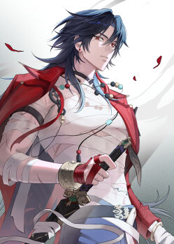 1boy absurdres armlet bandages bangle beads blade_(elation)_(honkai:_star_rail) blade_(honkai:_star_rail) blue_hair bracelet collar commentary double-parted_bangs earrings english_commentary highres holding holding_sword holding_weapon honkai:_star_rail honkai_(series) jacket jewelry long_hair male_focus mismatched_earrings necklace open_clothes open_jacket red_eyes shorts sury sword tassel toned toned_male very_long_hair weapon