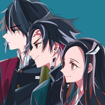 Rule 34 | 1girl, 2boys, akn3822, black hair, black jacket, blue background, brother and sister, brown eyes, closed mouth, demon slayer uniform, earrings, gold buttons, hair between eyes, hair ribbon, hanafuda earrings, haori, highres, jacket, japanese clothes, jewelry, kamado nezuko, kamado tanjirou, kimetsu no yaiba, long hair, looking to the side, multiple boys, parted bangs, profile, ribbon, scar, scar on face, scar on forehead, short hair, siblings, smile, swept bangs, tomioka giyuu, upper body, white ribbon
