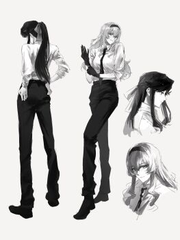 Rule 34 | 2girls, absurdres, closed mouth, collared shirt, gloves, greyscale, hair ribbon, hairband, hands on own hips, highres, long hair, looking at viewer, monochrome, multiple girls, necktie, nirvana (w688348960), pants, parted lips, ponytail, ribbon, saijou claudine, shirt, shoes, shoujo kageki revue starlight, smile, tendou maya