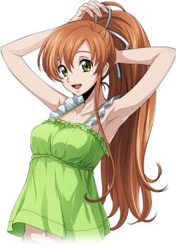 1girl armpits arms_up artist_request breasts code_geass code_geass:_lost_stories collarbone cropped_torso female_focus frilled_shirt frills game_cg green_eyes green_shirt hair_between_eyes hair_ribbon happy long_hair looking_at_viewer medium_breasts midriff_peek navel non-web_source official_art open_mouth orange_hair ponytail ribbon shirley_fenette shirt sidelocks simple_background sleeveless sleeveless_shirt smile solo spaghetti_strap standing transparent_background tying_hair upper_body white_ribbon