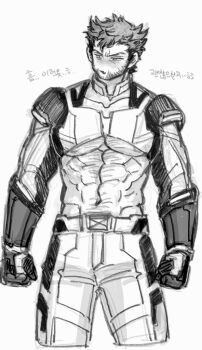 1boy abs adapted_costume bara beard belt bodysuit chest_hair clenched_hands deadpool_&amp;_wolverine deadpool_(series) dishing facial_hair gloves hairy looking_to_the_side male_focus marvel marvel mature_male monochrome muscular muscular_male navel open_mouth pectorals short_hair simple_background solo superhero_costume translation_request underpec wolverine_(x-men) x-men