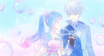 Rule 34 | 1boy, 1girl, black gloves, blue capelet, blue eyes, blue hair, blue shirt, blue skirt, blue sky, blue vest, blue wrist cuffs, blunt bangs, brooch, bubble, capelet, chinese commentary, collarbone, collared capelet, colored tips, commentary request, couple, day, dot nose, eyelashes, eyes visible through hair, frilled shirt, frilled sleeves, frilled wrist cuffs, frills, gloves, grey eyes, grey shrug, hair between eyes, hair ornament, happy, heart, heart brooch, hetero, holding hands, interlocked fingers, jewelry, long hair, long sleeves, looking at another, loose hair strand, miqing, multicolored hair, nail polish, original, outdoors, pink hair, pink vest, puffy short sleeves, puffy sleeves, purple nails, see-through clothes, see-through sleeves, shell, shell hair ornament, shirt, short hair, short sleeves, shrug (clothing), skirt, sky, skyline, split-color clothes, square neckline, striped clothes, striped skirt, striped vest, twintails, two-tone hair, upper body, vertical-striped clothes, vertical-striped skirt, vertical-striped vest, vest, watermark, wavy hair, weibo watermark, white hair, white shirt, wrist cuffs