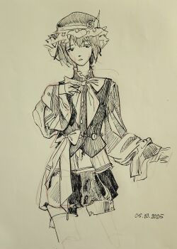 Rule 34 | 1other, alternate costume, androgynous, bow, bowtie, buttons, chain, collared vest, commentary, cropped legs, dated, english commentary, frilled headwear, frilled vest, frills, greyscale, hair between eyes, hand on own chest, hat, hatsburg, highres, len'en, light frown, lips, long sleeves, looking at viewer, mob cap, monochrome, nib pen (medium), other focus, pen (medium), pocket watch, puffy long sleeves, puffy sleeves, realistic, shirt, shitodo kuroji, short hair, shorts, sleeves past wrists, solo, traditional media, triangular headpiece, vest, waist bow, watch