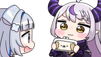 +_+ 2girls :3 :d ahoge amane_kanata amane_kanata_(nurse) black_dress blush_stickers braid braided_bangs brown_eyes closed_mouth demon_horns dress grey_hair grey_hat hat highres holding hololive horns la+_darknesss la+_darknesss_(1st_costume) long_hair long_sleeves mochimiko multicolored_hair multiple_girls nurse_cap open_mouth pointy_ears profile purple_eyes simple_background smile streaked_hair virtual_youtuber white_background