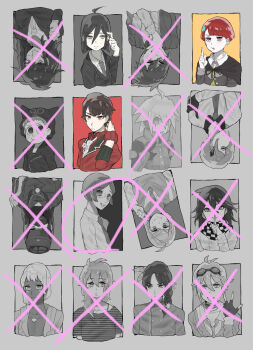 Rule 34 | 6+boys, 6+girls, ahoge, akamatsu kaede, amami rantaro, annoyed, black cape, black hair, black jacket, black ribbon, blue gem, blunt ends, bob cut, border, brooch, brown eyes, brown hair, buttons, cape, chabashira tenko, closed mouth, collared jacket, collared shirt, commentary request, contrast lapels, crazy, cropped torso, danganronpa (series), danganronpa v3: killing harmony, dress shirt, everyone, expressionless, eyelashes, flower, flower brooch, frown, gem, gem hair ornament, genderswap, genderswap (ftm), genderswap (mtf), gokuhara gonta, green vest, grey border, grey necktie, grey shirt, hair between eyes, hair ornament, hairclip, hand on own neck, happy, harukawa maki, highres, hoshi ryoma, infinity symbol, iruma miu, jacket, jewelry, k1-b0, lapels, layered sleeves, long hair between eyes, long sleeves, mole, mole under eye, momota kaito, multiple boys, multiple girls, neck ribbon, necktie, nervous smile, nostrils, notched lapels, oma kokichi, open mouth, pale skin, partially unbuttoned, pinstripe jacket, pinstripe pattern, pointing, pointing up, polka dot necktie, red eyes, red hair, red jacket, red scrunchie, red shirt, ribbon, saihara shuichi, scrunchie, shinguji korekiyo, shirogane tsumugi, shirt, short hair, sleeve cuffs, smile, spoilers, sweatdrop, tappo (gemori), tojo kirumi, unmoving pattern, upside-down, very short hair, vest, white flower, white necktie, white shirt, wrist scrunchie, x (symbol), yellow eyes, yonaga angie, yumeno himiko