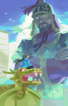 Rule 34 | 1boy, 1girl, beard, black hair, capelet, commentary, crossed arms, crossed legs, dragon, eastern dragon, empty eyes, english commentary, facial hair, hat tassel, helmet, high ponytail, highres, lee jihye, long sidelocks, neck ribbon, nemomosso, omniscient reader's viewpoint, outdoors, ponytail, ribbon, ship, sidelocks, simple bird, sitting, watercraft, wind, wind lift