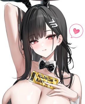 1girl absurdres animal_ear_hairband animal_ears arm_up armpits black_bow black_bowtie black_hair black_hairband blue_archive blush bow bowtie breasts bright_pupils cleavage closed_mouth colored_speech_bubble commentary detached_collar fake_animal_ears hair_intakes hairband heart highres holding holding_ticket huge_breasts logo_hair_ornament long_hair looking_at_viewer parted_bangs playboy_bunny rabbit_ear_hairband rabbit_ears red_eyes ringed_eyes rio_(blue_archive) sab_(sab2500) side_part simple_background solo speech_bubble spoken_heart ticket tongue tongue_out traditional_bowtie unfinished upper_body white_background white_pupils