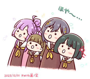._. 4girls :o ahoge akihitohappy anyoji_hime black_hair blunt_bangs blunt_ends blush_stickers bob_cut braid brown_hair commentary_request dated dress flower flower_knot hair_flower hair_ornament hashtag hasu_no_shoushihenkei hasu_no_sora_school_uniform highres jacket kachimachi_kosuzu katsuragi_izumi link!_like!_love_live! love_live! momose_ginko multi-tied_hair multiple_girls neckerchief open_clothes open_jacket open_mouth pink_flower pink_hair pink_jacket ponytail raised_inner_eyebrows sailor_collar sailor_dress school_uniform short_hair side_braids simple_background squeans translation_request triangle_hair_ornament v-shaped_eyebrows virtual_youtuber white_background white_sailor_collar winter_uniform yellow_neckerchief