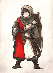 Rule 34 | 1girl, armor, belt, boots, brown eyes, brown hair, dirty, dirty clothes, gambeson, gloves, habit, helmet, highres, holding, ironlily, kettle helm, long hair, medieval, ordo mediare sisters (ironlily), scabbard, sheath, shield, solo, standing, surcoat, sword, weapon