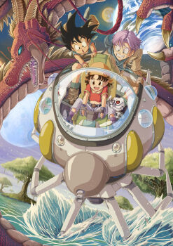 1girl 2boys bandana belt black_belt black_eyes black_hair black_shoes blue_bandana blue_eyes blue_shirt boots brown_boots brown_jacket brown_pants child clenched_teeth clinging commentary_request coon_bear dougi dragon dragon_ball dragon_ball_gt earth_(planet) eastern_dragon fingerless_gloves giru_(dragon_ball) gloves grandfather_and_granddaughter grey_gloves grey_pants grey_shorts grey_socks happy highres horns jacket long_sleeves midriff moon multiple_boys open_mouth orange_bandana outdoors pan_(dragon_ball) pants piloting planet purple_boots purple_hair red_shirt robot scared sharp_teeth shirt shoes short_hair short_sleeves shorts sitting smile socks son_goku space spacecraft spiked_hair splashing star_(sky) teeth tongue tree trunks_(dragon_ball) ultimate_shenron water water_drop