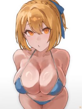 1girl arms_behind_back artist_name bare_arms bare_shoulders bikini blonde_hair blue_bikini blue_ribbon braid breasts cleavage collarbone commentary_request cowboy_shot crown_braid fukuya_art gradient_background grey_background hair_between_eyes hair_ribbon halterneck highres large_breasts looking_at_viewer navel nue_no_onmyouji orange_eyes parted_lips ribbon short_hair skindentation solo standing stomach suo_kazusa swimsuit two-tone_background white_background white_ribbon