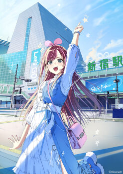 1girl absurdres arm_up blue_sky blush brown_hair building dress green_eyes hair_ornament hairband heart heart_hair_ornament highres kizuna_ai kizuna_ai_inc. long_hair looking_at_viewer multicolored_hair open_mouth pink_bag pink_hair pointing pointing_up sky star_(symbol) straight_hair swept_bangs train_station two-tone_hair virtual_youtuber wata_(attaka_towel) wristband