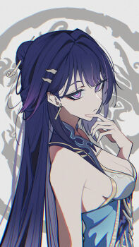 1girl absurdres breasts cleavage commentary_request earrings from_side highres honkai_(series) honkai_impact_3rd jewelry large_breasts long_hair looking_at_viewer ponytail purple_eyes purple_hair raiden_mei raiden_mei_(xentinel:_dawnbearing_crescent) solo user_atnv3228 very_long_hair