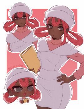 1girl :d absurdres border chibi closed_mouth commentary dark-skinned_female dark_skin dress eyelashes glaring grey_eyes hair_rings hand_on_own_hip hat highres holding joy_(pokemon) kuraedo multiple_views nintendo open_mouth outline pink_background pink_hair pink_shirt pokemon pokemon_legends:_z-a shirt single_sidelock smile tongue twitter_username white_border white_dress white_hat