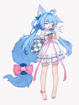 1girl absurdres animal_ear_fluff animal_ears bare_shoulders barefoot bell bloomers blue_eyes blue_hair bow cai_xiao_xi dress full_body hair_bow highres holding holding_pillow jingle_bell long_hair off_shoulder one_eye_closed open_mouth original pillow pink_bow pink_ribbon ribbon simple_background sleepy solo standing tail tail_bow tail_ornament twintails underwear very_long_hair white_background white_dress yawning