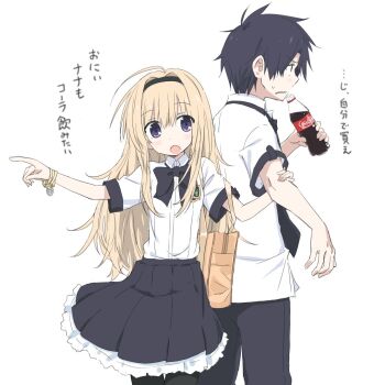 1boy 1girl annoyed bag bangle black_bow black_bowtie black_hair black_hairband black_pants black_pantyhose black_skirt blonde_hair blush bottle bow bowtie bracelet brother_and_sister chaos;head chaos;head_love_chu_chu! coca-cola collared_shirt commentary_request drinking hairband holding holding_bottle jewelry kowacha_(escape_jobs) nishijou_nanami nishijou_takumi open_mouth pants pantyhose pointing pulling_arm purple_eyes school_bag school_uniform science_adventure shirt short_hair short_sleeves shoulder_bag siblings simple_background skirt small_sweatdrop soda_bottle suimei_academy_school_uniform translation_request v-shaped_eyebrows white_shirt