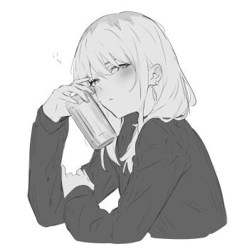 1girl beer_can blush can closed_mouth drink_can drunk earclip girls_band_cry greyscale highres holding holding_can kanade_(kanade_3344) kawaragi_momoka long_hair long_sleeves looking_at_viewer monochrome multicolored_hair roots_(hair) sidelocks simple_background solo sweater upper_body white_background