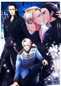 2boys alternate_costume artist_name bindi black_cape black_hair black_nails blonde_hair blue_eyes cape closed_eyes closed_mouth collar collarbone earrings eyelashes final_fantasy final_fantasy_vii final_fantasy_vii_remake fingernails fujiko_one hand_on_another's_head high_collar highres jewelry kiss long_hair looking_at_another looking_to_the_side male_focus military military_uniform multiple_boys nail_polish parted_bangs parted_lips red_eyes rufus_shinra seno_ff short_hair square_enix tattoo tseng twitter_username wing_collar yaoi