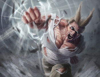 10s 1boy all_might blonde_hair blue_eyes boku_no_hero_academia clenched_hand green_pants grey_background incoming_attack incoming_punch looking_at_viewer male_focus manip manly muscular pants punching realistic running screaming solo torn_clothes