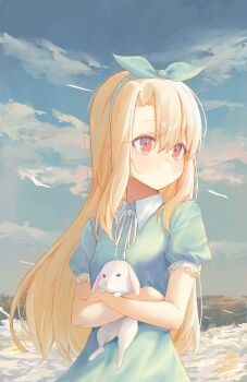 1girl absurdres animal artist_request blonde_hair blue_dress blue_hairband blue_ribbon blush breasts child closed_mouth collared_dress dress fate/kaleid_liner_prisma_illya fate_(series) hair_between_eyes hair_ribbon hairband highres holding holding_animal illyasviel_von_einzbern kaze_22 long_hair puffy_short_sleeves puffy_sleeves rabbit red_eyes ribbon short_sleeves small_breasts solo very_long_hair