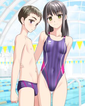1boy 1girl absurdres age_difference black_eyes black_hair breasts commentary_request competition_swimsuit covered_navel glass_ceiling green_eyes groin highleg highleg_one-piece_swimsuit highres indoors logo male_swimwear medium_hair one-piece_swimsuit onee-shota original pool purple_male_swimwear purple_one-piece_swimsuit short_hair small_breasts string_of_flags striped_clothes striped_one-piece_swimsuit swim_briefs swimsuit takafumi thigh_gap variant_set
