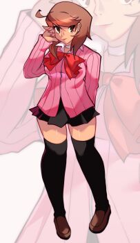 Rule 34 | 1girl, ahoge, black thighhighs, bow, brown hair, cardigan, commentary, english commentary, heyrvcksack, highres, miniskirt, persona, persona 3, pink cardigan, red bow, skirt, takeba yukari, thighhighs, zettai ryouiki