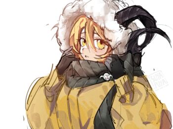 1girl black_gloves blonde_hair commentary don_quixote_(project_moon) expressionless gloves goat_horns hair_between_eyes heishou_pack-wei_branch_(identity)_(project_moon) hood hood_up horns limbus_company long_sleeves looking_at_viewer project_moon simple_background solo suyapuya symbol-only_commentary upper_body white_background yellow_eyes