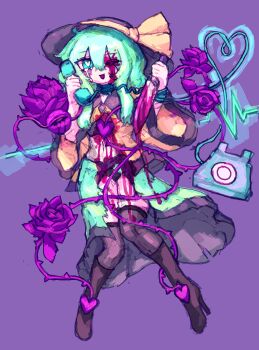 Rule 34 | 1girl, absurdres, antique phone, black hat, bleeding, blood, blood on face, bloody knife, blush, boots, brown boots, brown thighhighs, cardiogram, commentary, crying, crying with eyes open, eyeball, flower, full body, green eyes, green hair, hat, hat ribbon, heart, heart-shaped pupils, high heel boots, high heels, highres, holding, holding knife, holding phone, knife, komeiji koishi, korean commentary, long sleeves, navel, open mouth, phone, purple background, purple flower, purple rose, rampa93, ribbon, rose, rotary phone, shirt, simple background, skirt, smile, solo, symbol-shaped pupils, tears, thighhighs, third eye, torn clothes, torn shirt, torn skirt, touhou, wide sleeves, yellow shirt