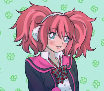 1girl aqua_eyes breasts clover clover_background collarbone collared_shirt earmuffs facial_mark faux_retro_artstyle four-leaf_clover gaulemtypefemale gyaru highres jacket kyokugen_dasshutsu kyokugen_dasshutsu:_9_jikan_9_nin_9_no_tobira medium_breasts neck_ribbon open_clothes open_jacket pink_hair pom_pom_(clothes) ribbon shirt solo twintails upper_body yotsuba_(kyokugen_dasshutsu)