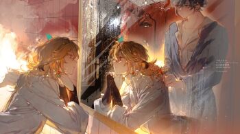 2boys alhaitham_(genshin_impact) asymmetrical_sidelocks blonde_hair blue_feathers closed_mouth earrings feather_hair_ornament feathers genshin_impact gloves grey_hair hair_between_eyes hair_ornament highres jewelry kaveh_(genshin_impact) long_hair long_sleeves looking_at_mirror male_focus mirror multicolored_hair multiple_boys red_eyes shirt short_hair sidelocks tying_hair white_shirt youlili