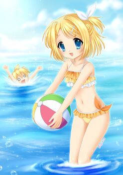 1boy 1girl absurdres asphyxiation ball beachball bikini blonde_hair blue_eyes day drowning frilled_bikini frills hair_ornament hairpin halterneck highres holding holding_ball kagamine_len kagamine_rin kigidere looking_at_viewer making-of_available navel o_o one_side_up open_mouth orange_bikini outdoors signature smile solo_focus swimsuit vocaloid wading water