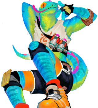 1boy arm_behind_head black_shorts closed_mouth commentary crop_top english_commentary fingerless_gloves fortnite furry furry_male gloves highres lizard_tail lizzik_(fortnite) looking_at_viewer male_focus papyuuno reptile_boy shirt shorts sleeveless sleeveless_shirt tail tongue tongue_out torn_clothes torn_gloves torn_sleeves white_background