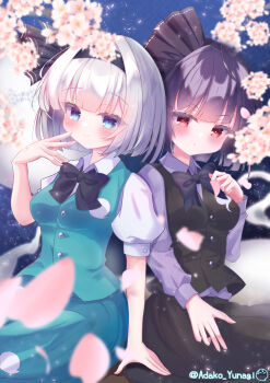 Rule 34 | 2girls, absurdres, adako yunagi, alternate color, alternate hair color, black bow, black bowtie, black hairband, black skirt, black vest, blue eyes, blush, bow, bowtie, breasts, cherry blossoms, closed mouth, collared shirt, commentary request, dual persona, falling petals, flower, green skirt, green vest, grey hair, hairband, highres, hitodama, hitodama print, konpaku youmu, konpaku youmu (ghost), konpaku youmu (mysterious sword master), looking at viewer, medium breasts, multiple girls, petals, pink flower, pink petals, puffy short sleeves, puffy sleeves, purple hair, purple shirt, red eyes, shirt, short hair, short sleeves, skirt, skirt set, smile, touhou, touhou lostword, twitter username, vest, white shirt