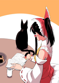 1girl ascot black_cat black_hair book bow bowl cat chabudai collared_shirt commentary_request cup detached_sleeves food frilled_bow frills fuuzasa hair_bow hair_ornament hakurei_reimu highres kaenbyou_rin kaenbyou_rin_(cat) long_hair long_sleeves multiple_tails reading red_bow red_ribbon red_shirt red_skirt ribbon ribbon-trimmed_sleeves ribbon_trim senbei shirt sitting skirt sleeveless sleeveless_shirt table tail tea_stalk touhou two_tails wide_sleeves yellow_ascot yunomi