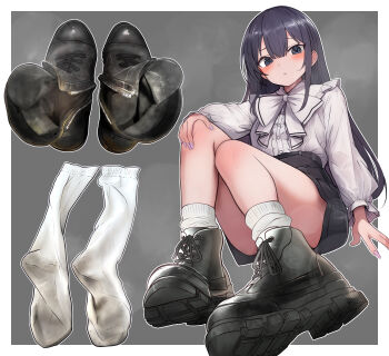 Rule 34 | 1girl, absurdres, black eyes, black hair, blush, boots, hand on own knee, highres, long hair, looking at viewer, loose socks, lumina414, shoes, socks, steam, unworn boots, unworn shoes, unworn socks, white socks
