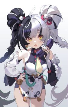 1girl absurdres ahoge bare_shoulders black_hair braid braided_twintails china_dress chinese_clothes detached_sleeves dialyn_(zenless_zone_zero) dress earrings hair_ornament highres holding holding_phone jewelry long_hair looking_at_viewer multicolored_hair necktie open_mouth phone solo split-color_hair white_background white_hair woodylixx yellow_eyes yellow_necktie zenless_zone_zero