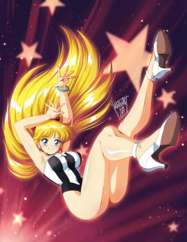 1girl aino_minako arms_up artist_name ass bishoujo_senshi_sailor_moon black_one-piece_swimsuit blonde_hair blue_eyes blush bracelet breasts covered_navel danmakuman full_body gloves gradient_background high_heels highres jewelry long_hair looking_at_viewer medium_breasts one-piece_swimsuit ribbon shiny_skin shoes signature simple_background skirt smile solo star_(symbol) striped_clothes swimsuit teeth thighs two-tone_swimsuit upper_teeth_only vertical-striped_clothes white_one-piece_swimsuit white_shoes